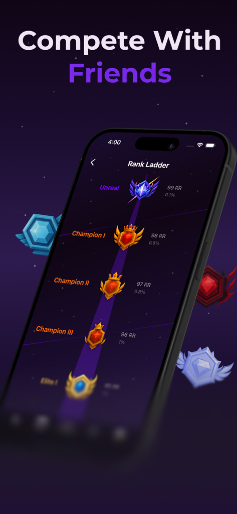 Reload: Reset Life & Lock In - A mobile screen showing the Reload app rank ladder with levels like Unreal and Champion to compete with friends