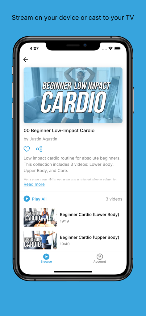 Justin Agustin Fitnessアプリのインターフェース。初心者向けの低負荷カーディオエクササイズを表示。
