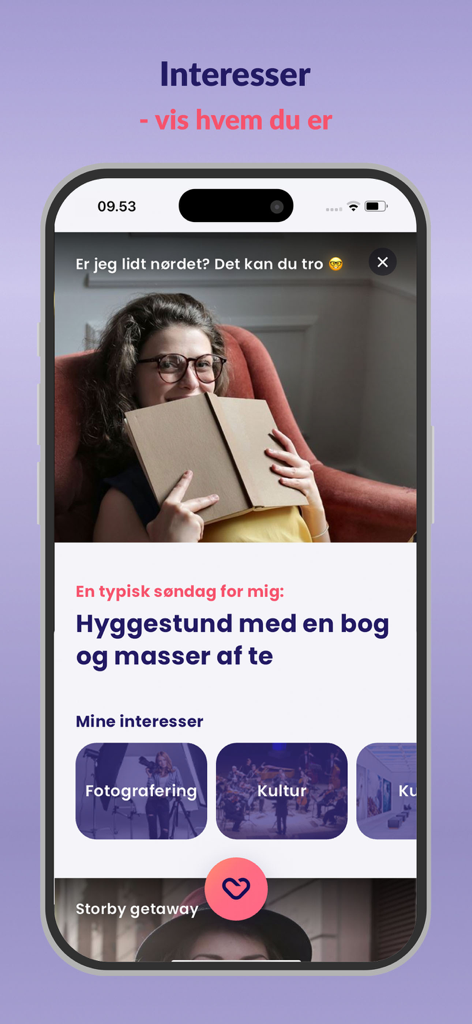 Dating.dk - A mobile screen showing a user profile on the Dating.dk app with sections for personal biography and interests like photography and culture.
