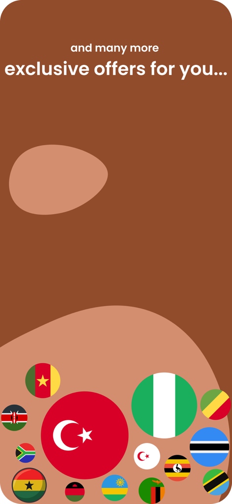 SFx Money App - A screen from SFx Money App displaying exclusive offers with various international flags representing global money transfer capabilities.