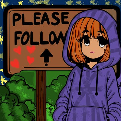 a sign that says please follow with a girl in a foggy hoody