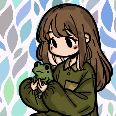 girl with long hair and a oversized shirt. and she is holding a frog