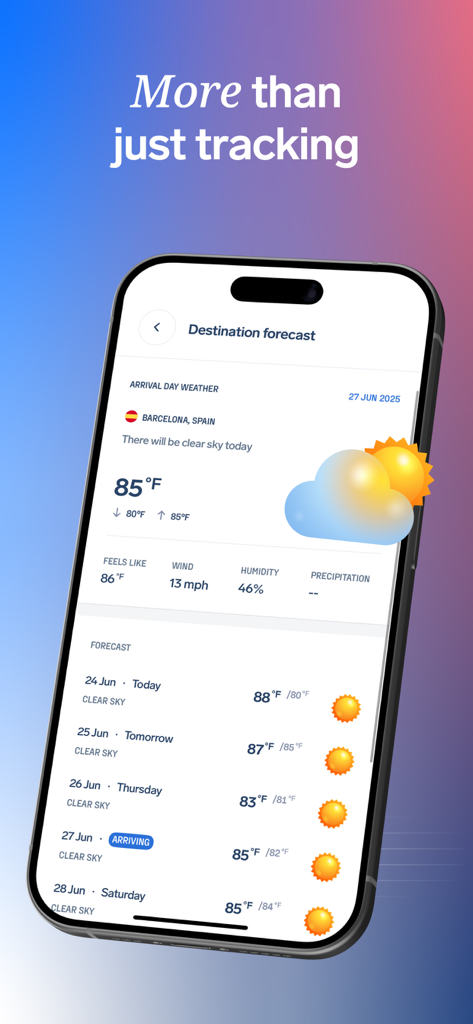 AirHelp app displaying a destination weather forecast for Barcelona