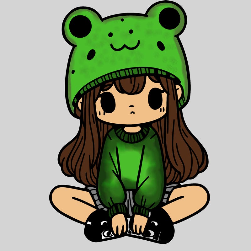 a girl wearing a frog hat and some frog socks