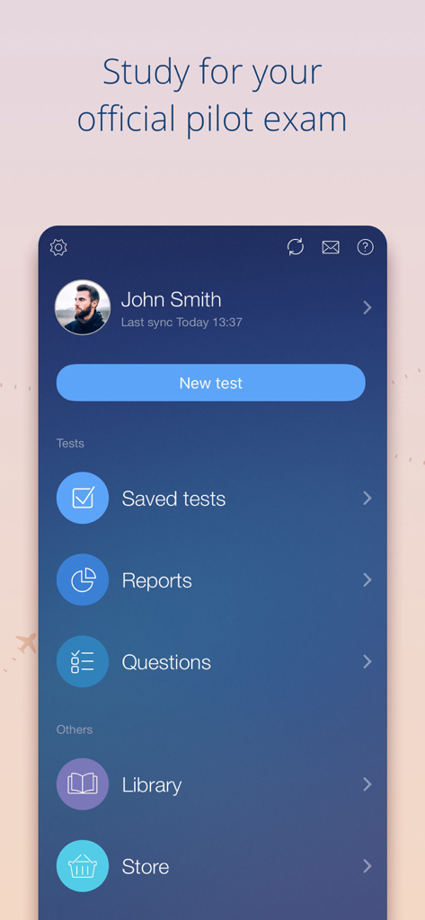 Aviation Exam - EASA - Aviation Exam EASA pilot study dashboard with menu options for tests and reports