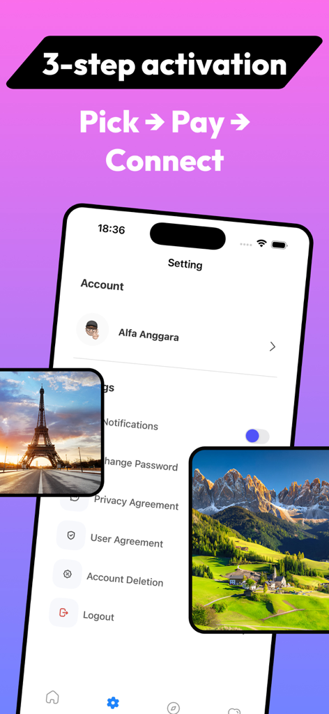 Interfaz de la aplicación Roami eSIM que muestra un proceso de activación de tres pasos: elige, paga y conecta con fotos de destinos de viaje