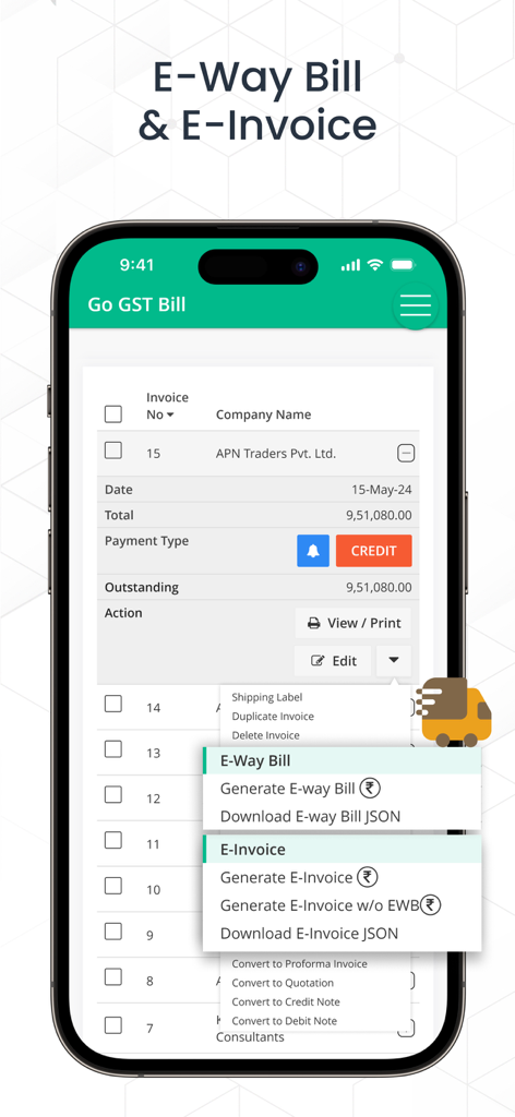 Go GST Bill - Interface of Go GST Bill app showing E-Way Bill and E-Invoice generation options