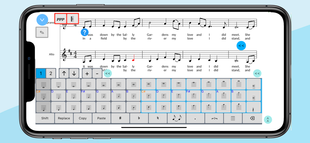 Score Creator: compose music - Score Creator app interface on a smartphone showing a musical score with lyrics and a specialized notation keyboard for composing music