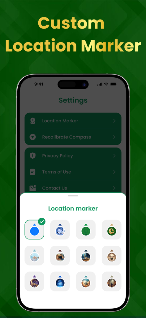 Una selección de iconos de marcadores de ubicación personalizados para la configuración de la aplicación Buscador de Qibla.