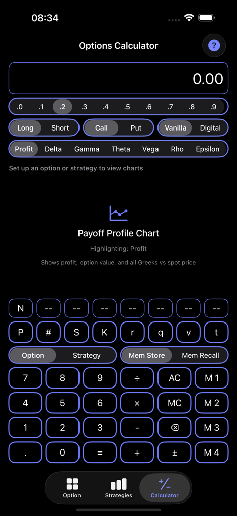 Interface of the OptionGreeks app showing the options calculator with Greeks analysis and payoff profile.
