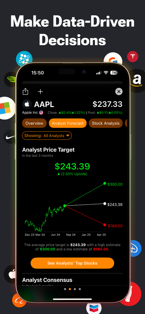 TipRanks Stock Market Analysis - TipRanks app interface showing analyst price targets and forecast graph for Apple stock