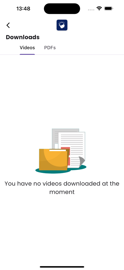 Simplifiedminds - Downloads screen of the Simplifiedminds app showing tabs for videos and PDFs with an empty state illustration.