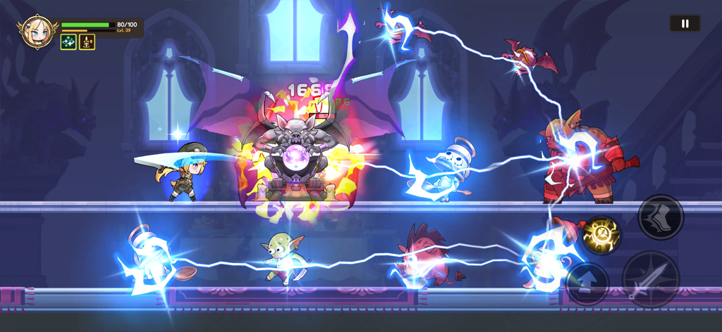 Hero Blitz: RPG Roguelike War - Chibi anime hero using lightning elemental skills against a boss and monsters in a Hero Blitz dungeon