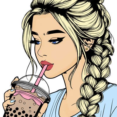 realistic girl drinking boba tea with braided hair