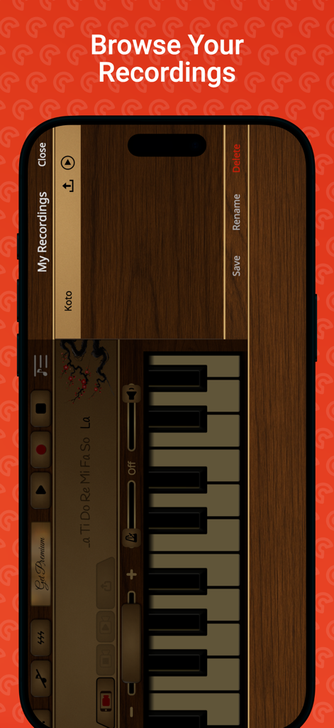 Koto Sim - A screenshot of the My Recordings screen in the Koto Sim app showing options to save, rename, and delete musical tracks on a wood-textured background.
