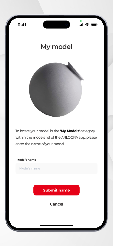 ARLOOPA 3D Object Scanner - Uma tela de celular mostrando um vaso cinza escaneado em 3D com um campo de entrada para nomear e salvar o modelo no aplicativo ARLOOPA.