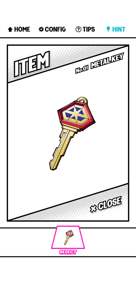 Panel Room - Escape Game - - Item detail screen in Panel Room Escape Game showing a No 01 metal key with a red and blue star emblem