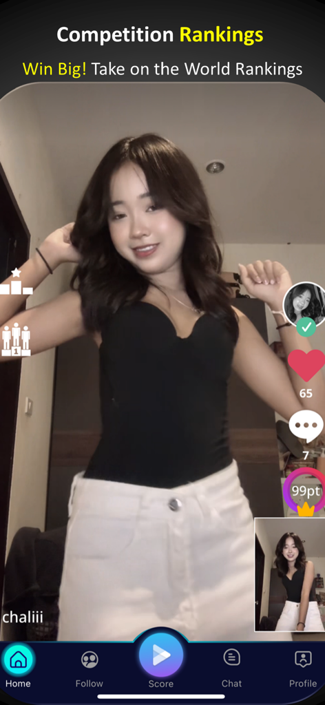 A young woman performing a dance routine in the HILFE AI app with competition rankings and engagement metrics visible on screen.