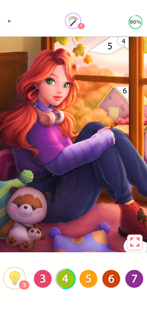 Coloring Fun : Color by Number - A digital illustration of a red haired girl by a window in the Coloring Fun color by number app interface