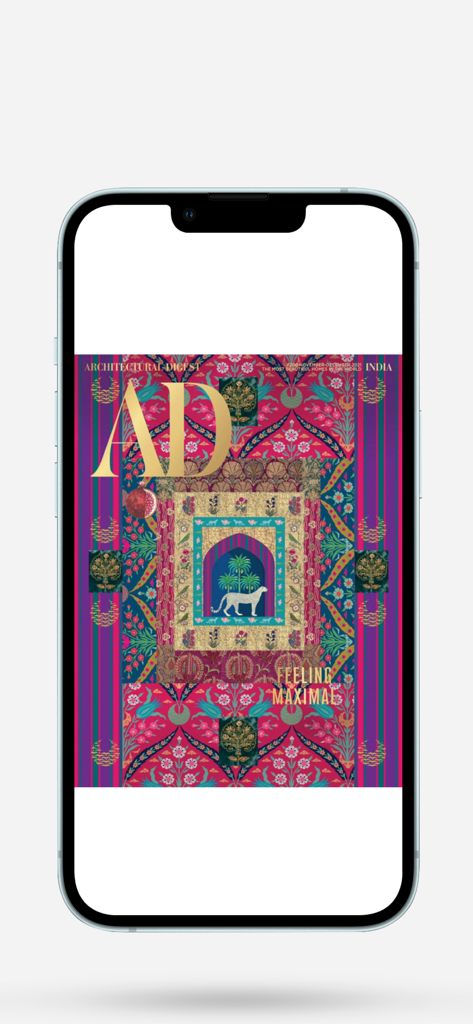 Architectural Digest India - Architectural Digest India magazine cover with vibrant maximalist patterns on a smartphone screen