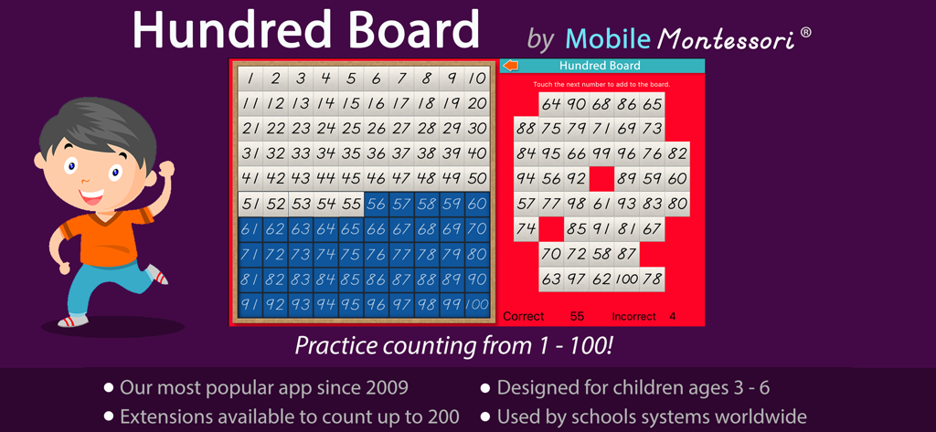 Hundred Board -Montessori Math - Promotional banner for the Hundred Board Montessori Math app showing a digital number grid and a cartoon child.