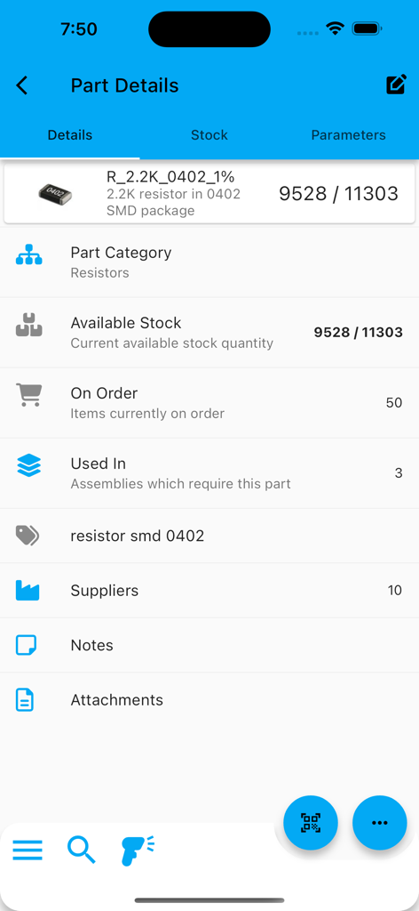 InvenTree-App-Oberfläche mit Detailinformationen zu elektronischen Komponenten, einschließlich Lagerbeständen und Lieferanteninformationen
