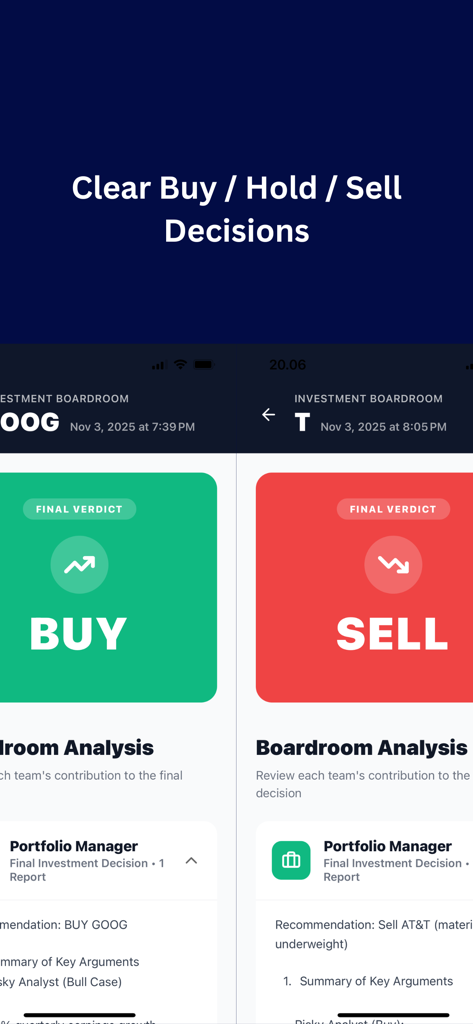 Pantalla de la aplicación móvil Consensus AI mostrando claras decisiones de inversión de compra y venta con informes de análisis de sala de juntas profesionales.