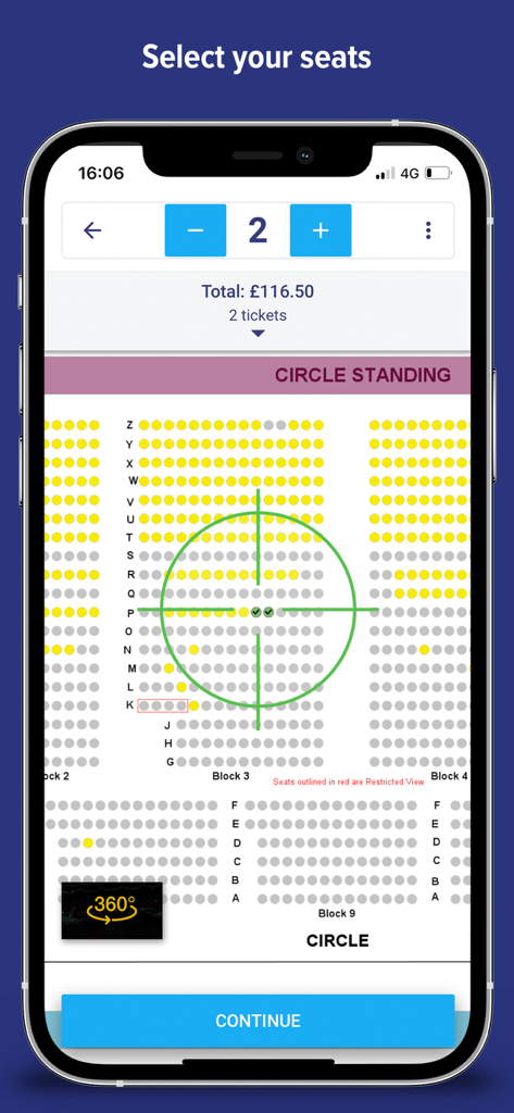 EVENTIM UK | Event Tickets - Eventim UK app screenshot showing an interactive seat map for ticket selection with pricing and 360-degree view options.