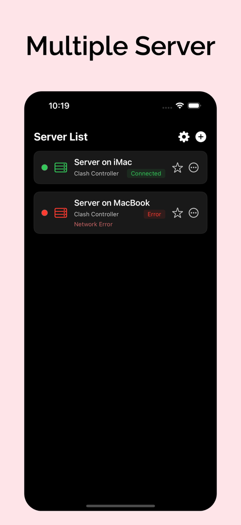ClashX Pro - Server Manager - Screenshot of the ClashX Pro app showing a list of multiple servers with their connection statuses