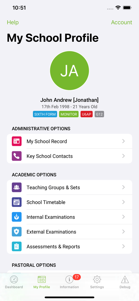 iStudent App - iStudent 앱의 학생 프로필 화면으로 시간표 및 시험 기록과 같은 학업 및 행정 옵션을 표시합니다.