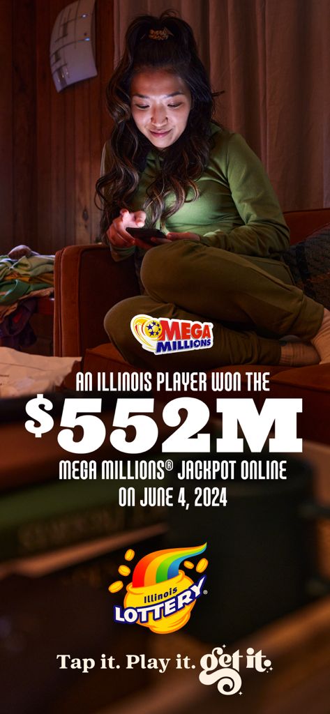 A woman using her smartphone at home with a text overlay announcing a five hundred fifty two million dollar Mega Millions jackpot win on the Illinois Lottery app