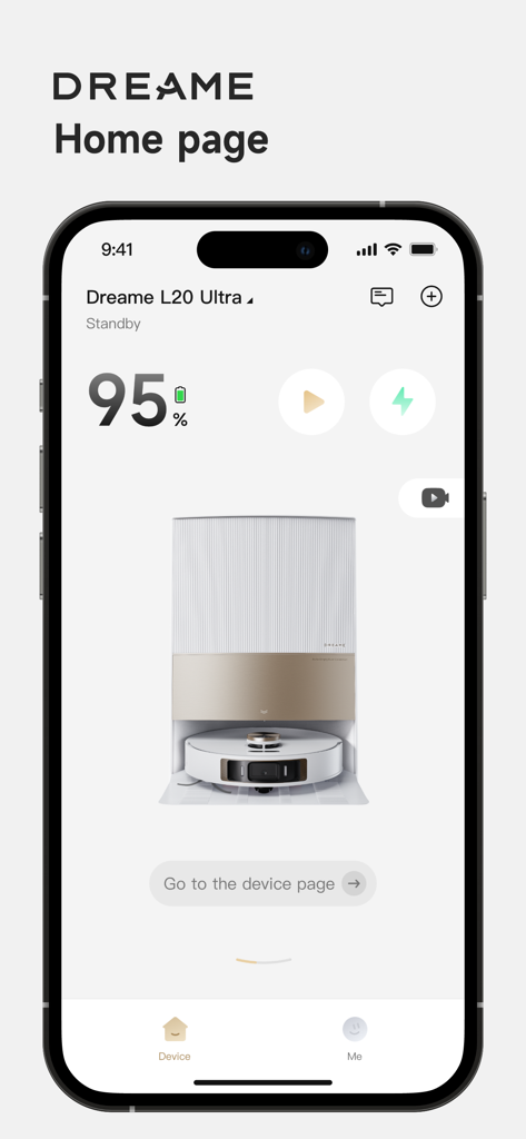 Page d'accueil de l'application Dreamehome montrant l'état et les commandes à distance du robot aspirateur Dreame L20 Ultra.