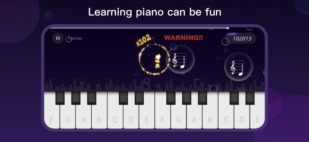 InstaPiano app interface featuring a gamified piano lesson with falling musical notes and a virtual keyboard