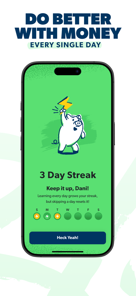 Pantalla de la aplicación EveryDollar que muestra la celebración de una racha de tres días con una mascota.