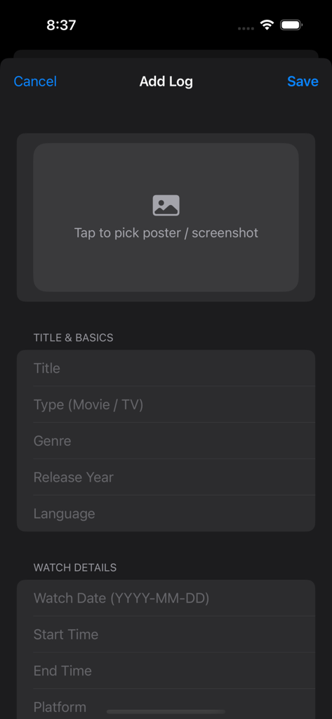 Movies Watch Logger - Add Log screen with fields for title genre and watch details in the Movies Watch Logger app