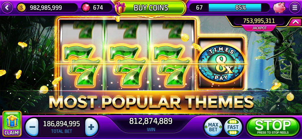 Vegas Classic Slots Casino 777 - Gameplay screenshot of Vegas Classic Slots Casino 777 showing a triple seven jackpot with an 8x multiplier on a tropical themed slot machine.