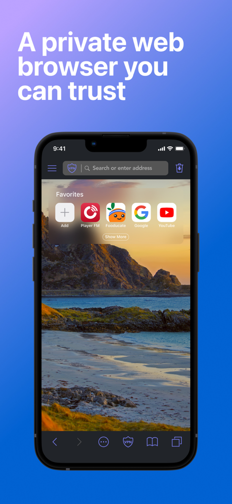 Private Browser Deluxe - iPhone display showing the Private Browser Deluxe app interface with favorites search bar and VPN icon