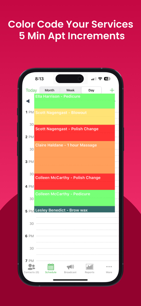 Salon Booking Appointments - Vista del programma giornaliero dell'app MySalon su un iPhone che mostra appuntamenti codificati a colori per vari servizi di bellezza
