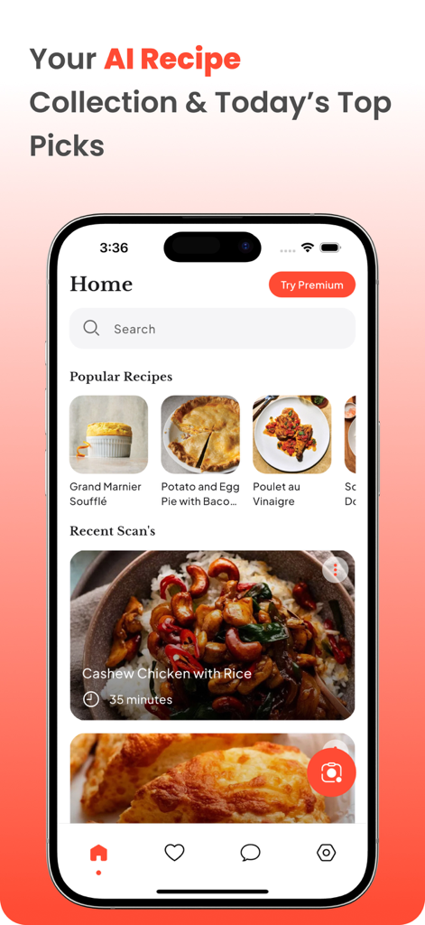 ScanChef: Snap & Cook With AI - ScanChef mobile app home screen featuring popular recipes and recent AI recipe scans
