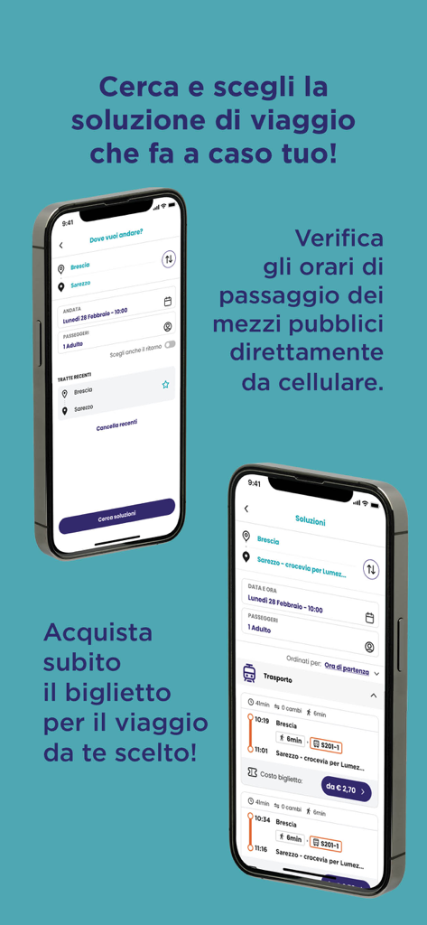 Interface da aplicação Arriva MyPay que mostra a pesquisa de transportes e opções de compra de bilhetes para Itália