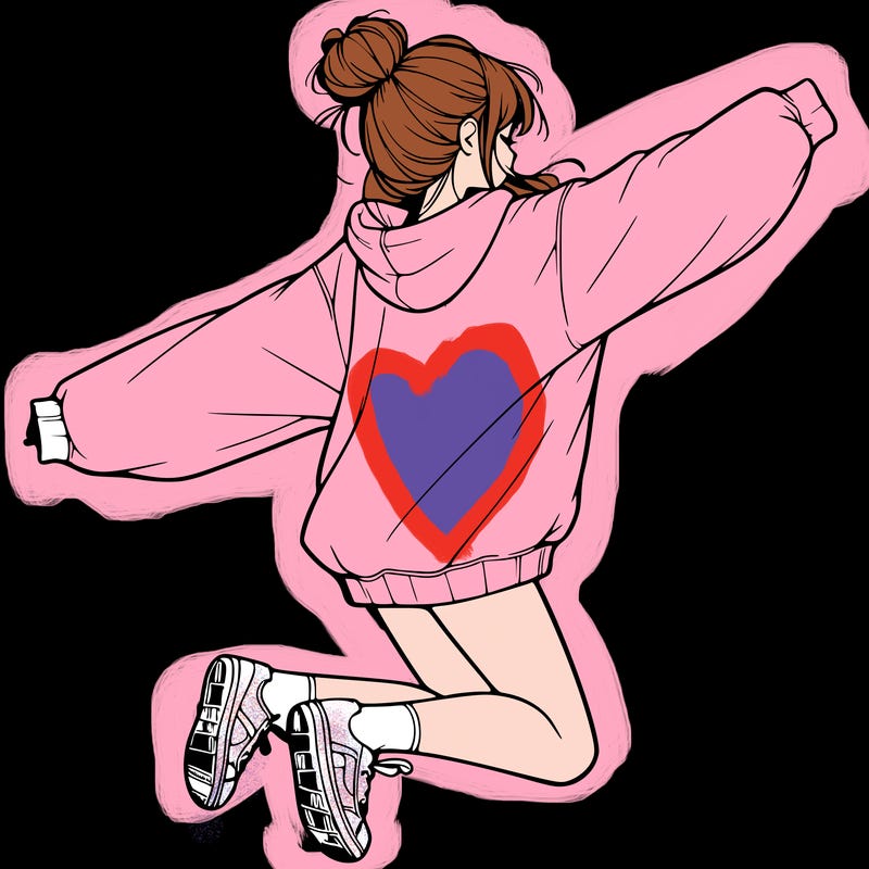 realistic girl jumping with a bun and oversized sweatshirt