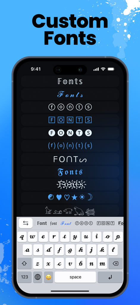 Fonts＋Font Keyboard for iPhone - iPhoneインターフェース。パーソナライゼーションキーボードアプリに、さまざまな美しいカスタムフォントや装飾シンボルが表示されています。