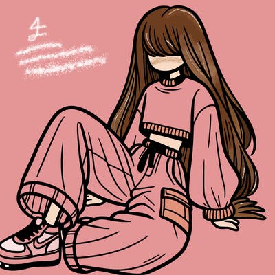 a girl with baggy pants and a crop top with long hair