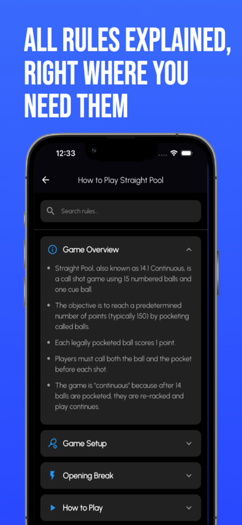 Straight Pool Scorer - Una pantalla de aplicación móvil que muestra las reglas y el resumen del juego para Bola 8 Continua.