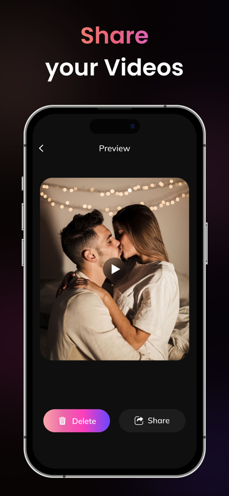 AI Kiss Video Maker - AI Hug - A preview screen of the AI Kiss Video Maker app showing a couple kissing with a share button