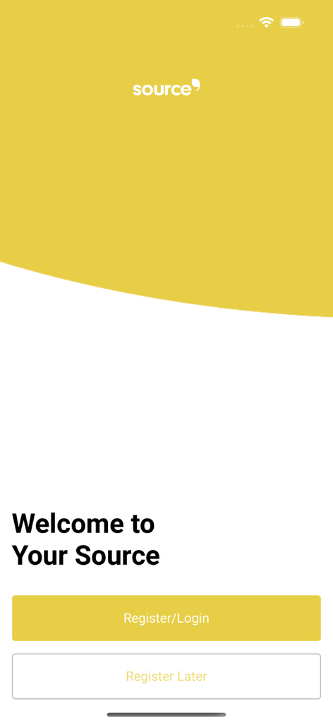 UoB Source Catering App - Welcome screen of the UoB Source Catering app with options to register or login