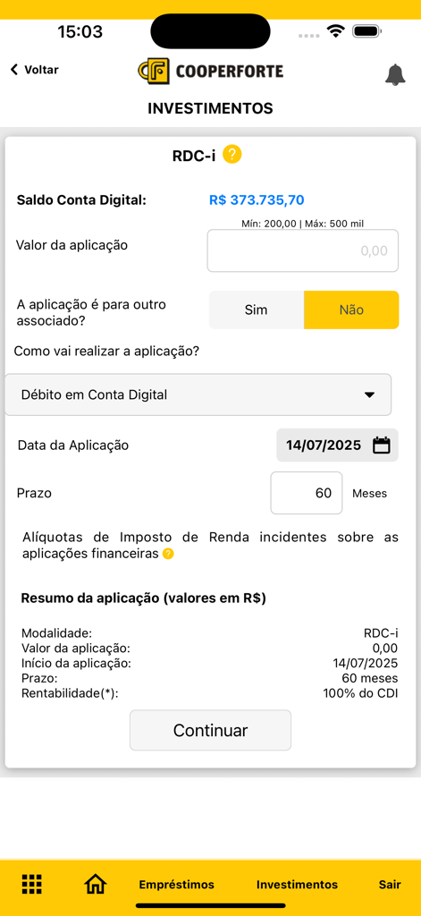 60개월 만기 RDC-i 금융 투자 시뮬레이션 화면과 CDI의 100%를 보여주는 쿠퍼포르테 모바일 앱 인터페이스