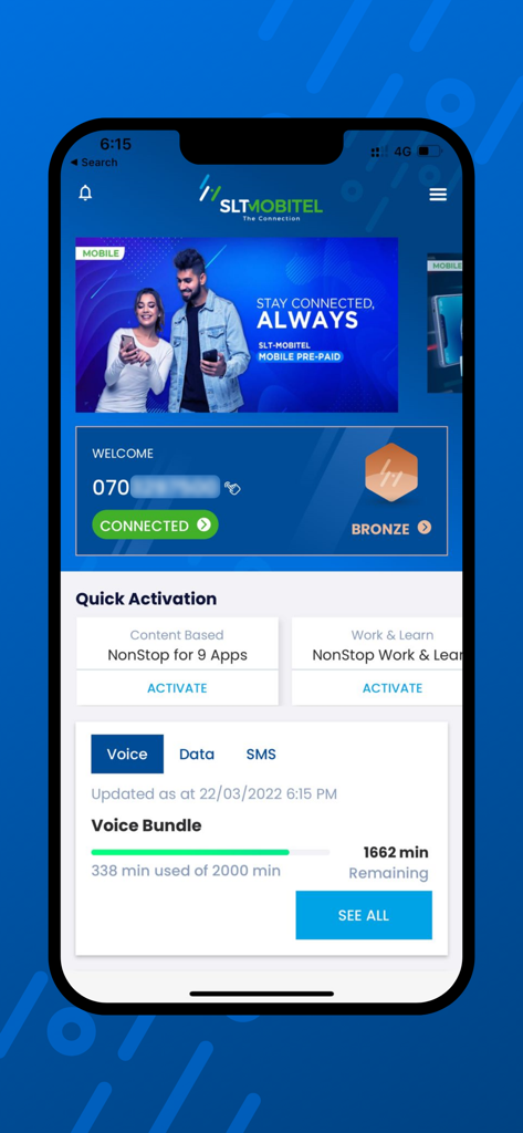 Dashboard of Mobitel Selfcare app displaying voice bundle usage and quick activation options