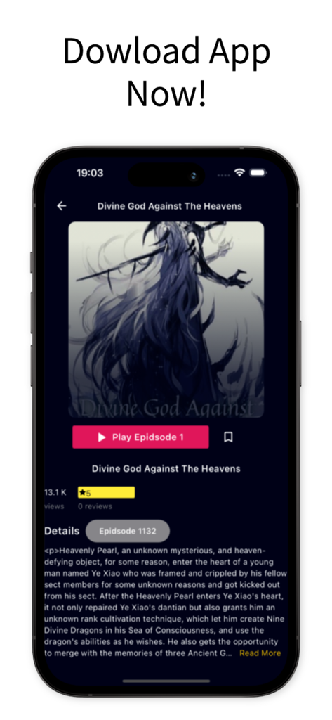 NovelFull Audio - Smartphone screen displaying the story details for Divine God Against The Heavens in the NovelFull Audio app