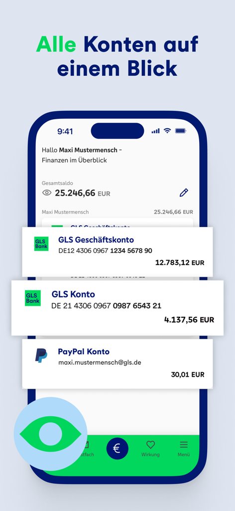 GLS Banking - GLS Banking mobile app dashboard showing a summary of multiple linked accounts including business and PayPal balances.
